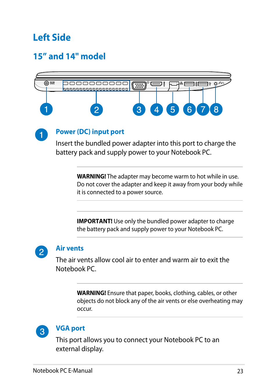 Left side, 15” and 14" model | Asus X450JF User Manual | Page 23 / 130