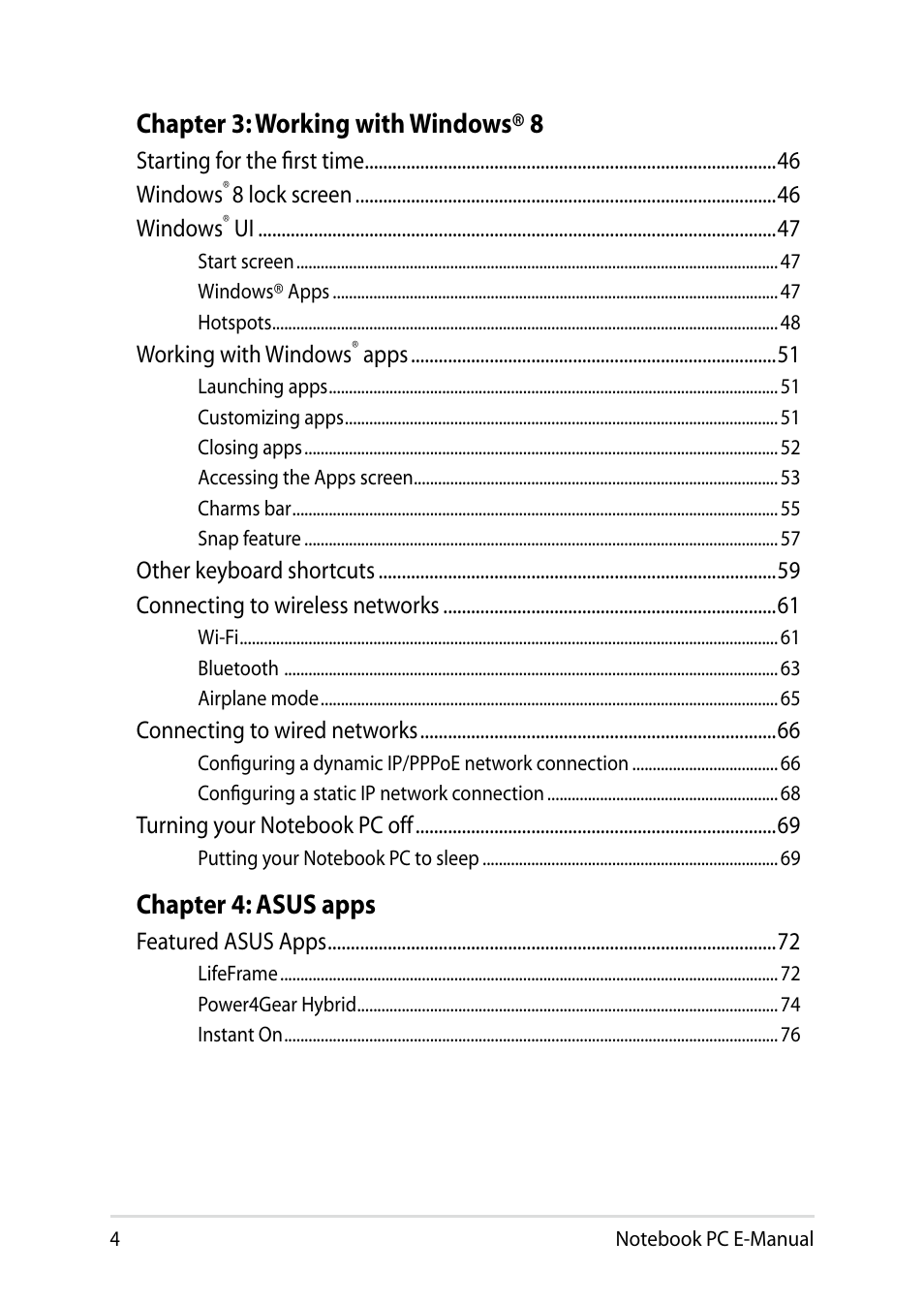 Chapter 3: working with windows® 8, Chapter 4: asus apps | Asus X450JF User Manual | Page 4 / 130