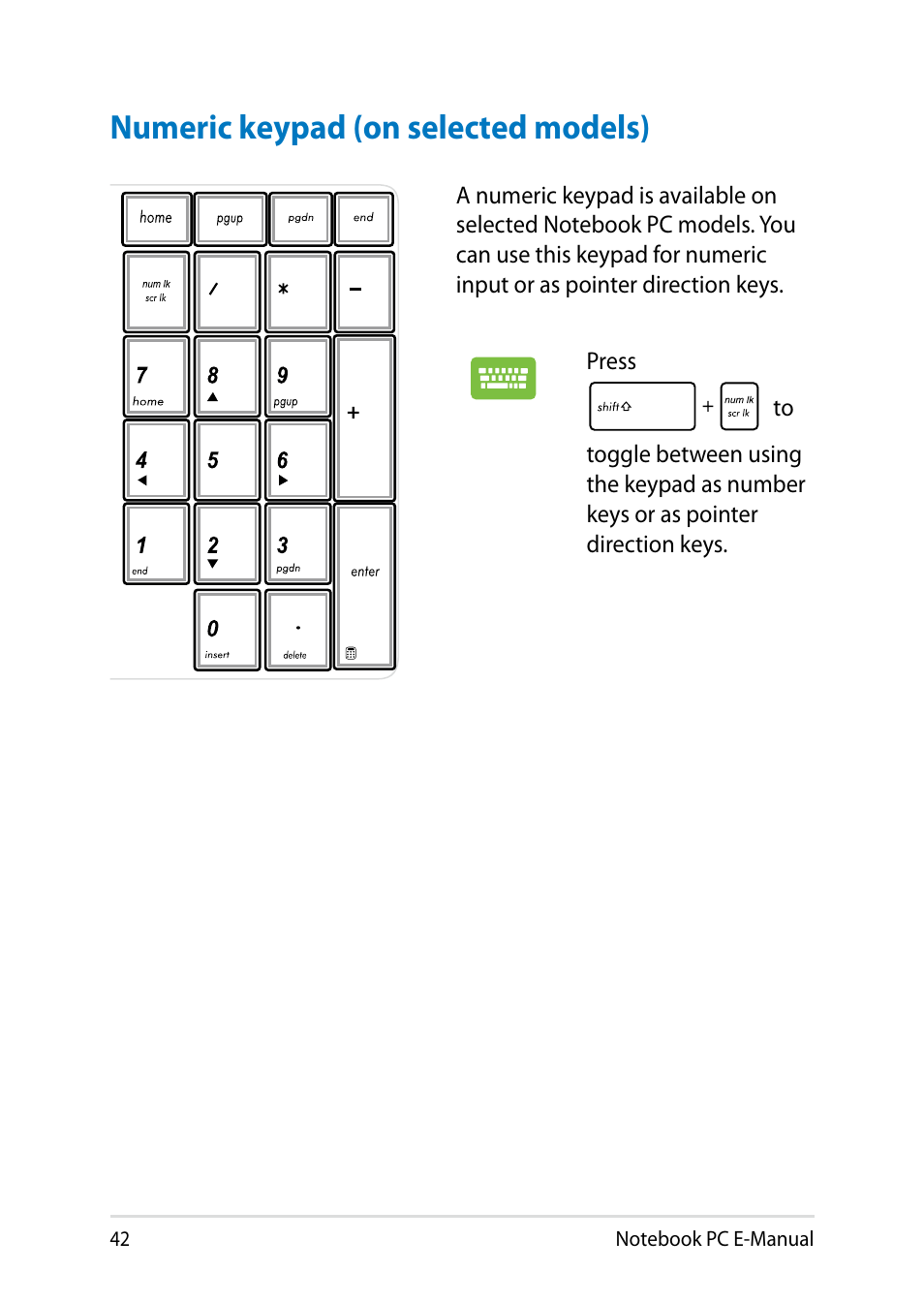 Numeric keypad (on selected models) | Asus X450JF User Manual | Page 42 / 130