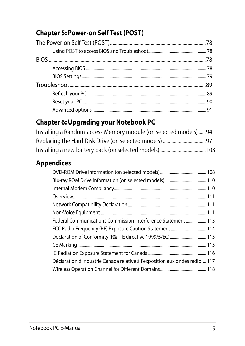 Chapter 5: power-on self test (post), Appendices | Asus X450JF User Manual | Page 5 / 130
