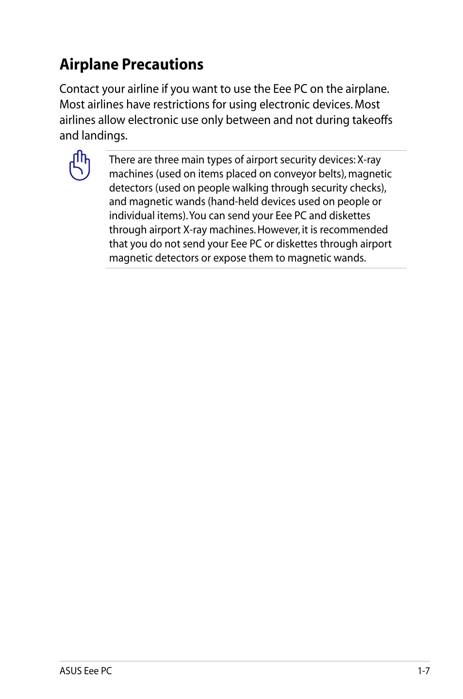 Airplane precautions, Airplane precautions -7 | Asus Eee PC 904HD/Linux User Manual | Page 11 / 76