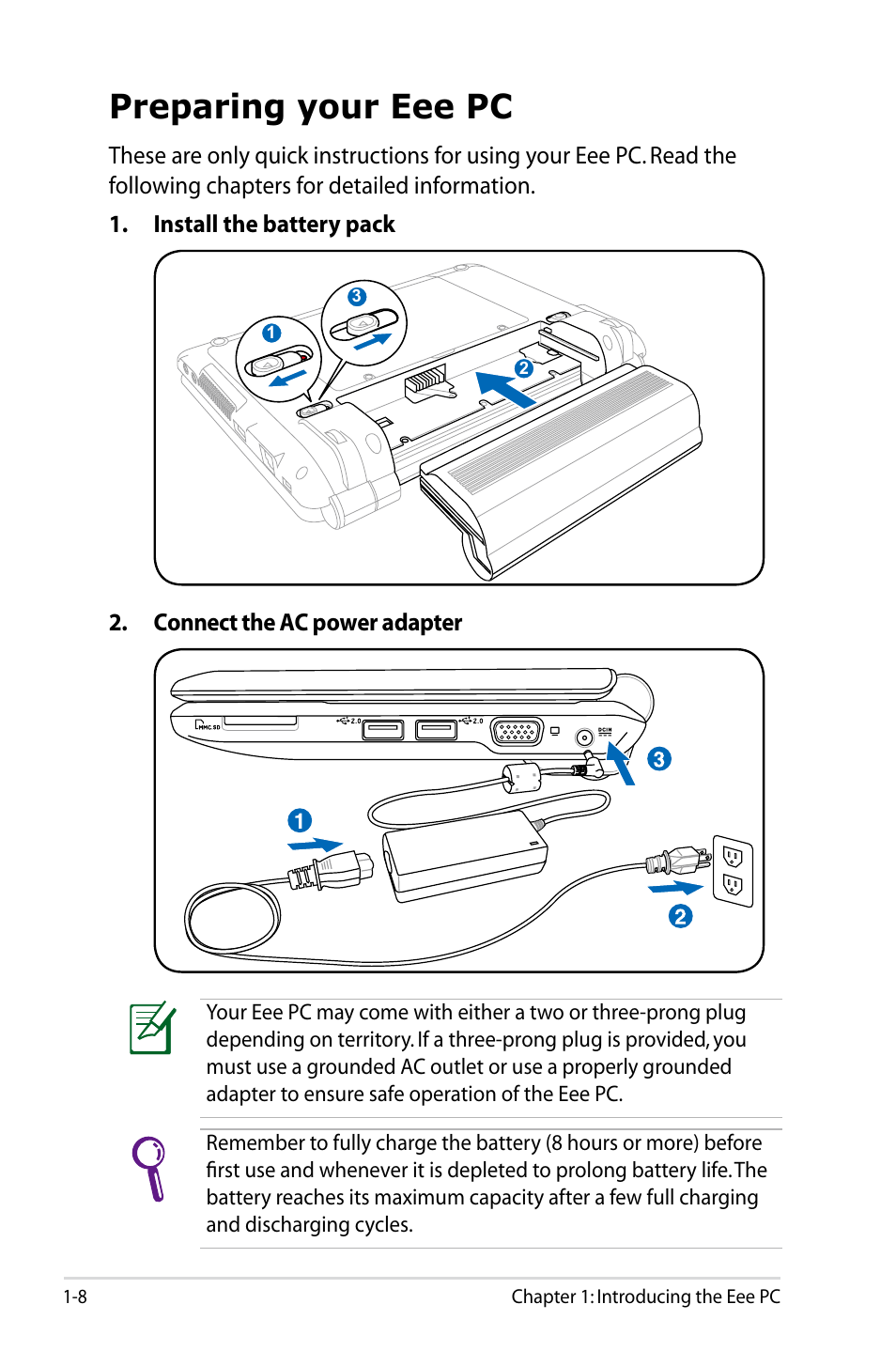 Preparing your eee pc, Preparing your eee pc -8 | Asus Eee PC 904HD/Linux User Manual | Page 12 / 76