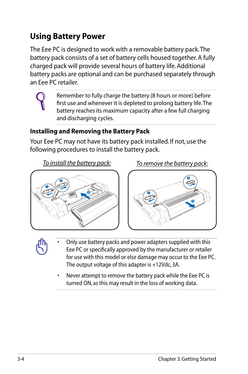 Using battery power, Using battery power -4, 4 chapter 3: getting started | Asus Eee PC 904HD/Linux User Manual | Page 30 / 76