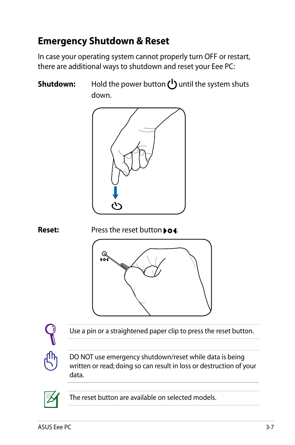 Emergency shutdown & reset, Emergency shutdown & reset -7 | Asus Eee PC 904HD/Linux User Manual | Page 33 / 76