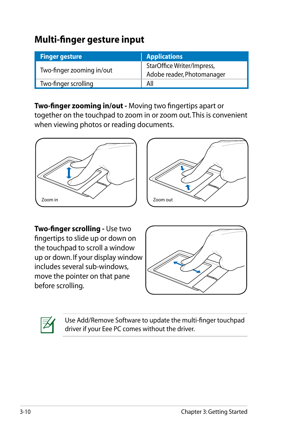 Multi-finger gesture input, Multi-finger gesture input -10 | Asus Eee PC 904HD/Linux User Manual | Page 36 / 76