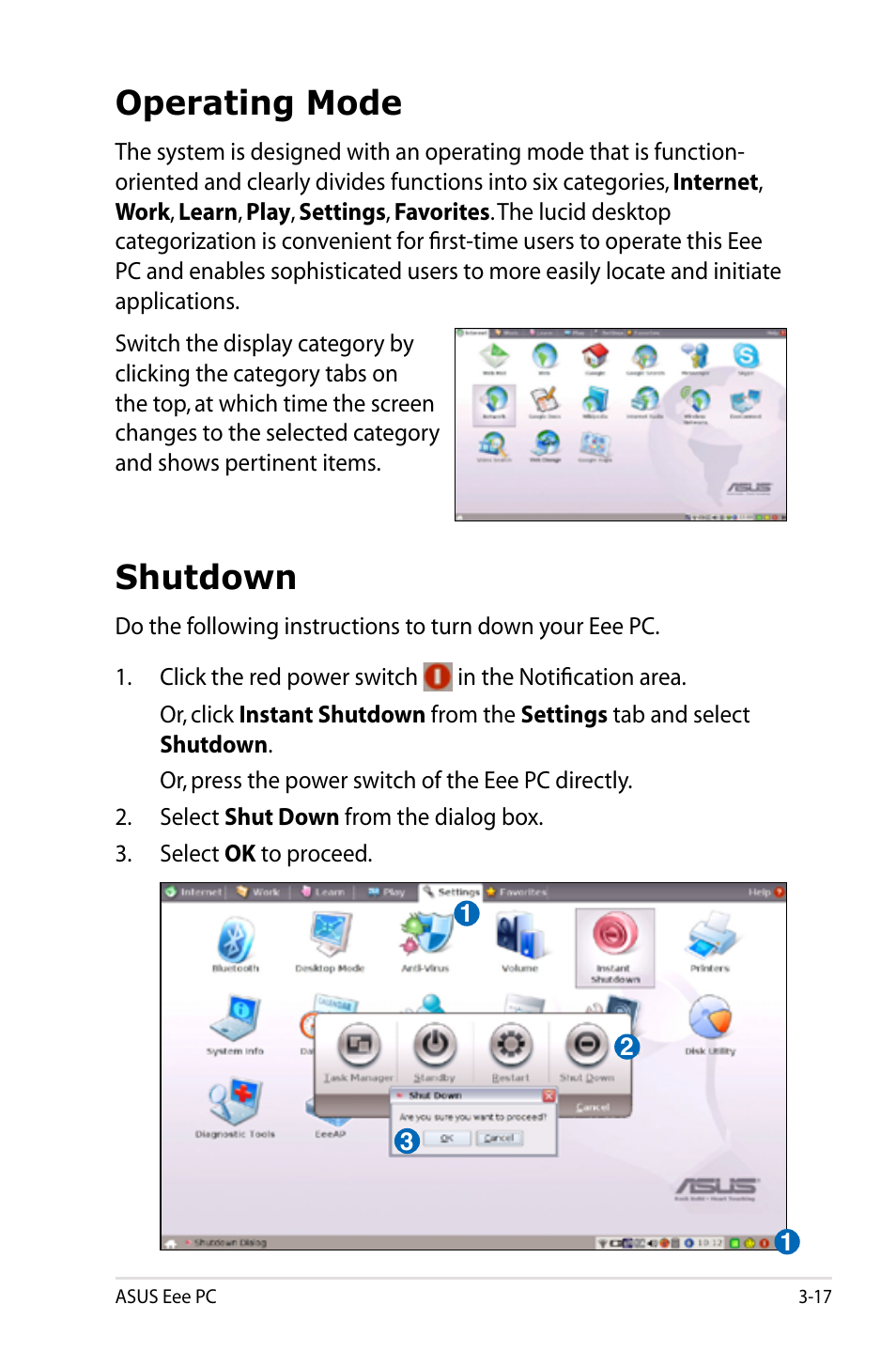 Operating mode, Shutdown, Operating mode -17 shutdown -17 | Asus Eee PC 904HD/Linux User Manual | Page 43 / 76