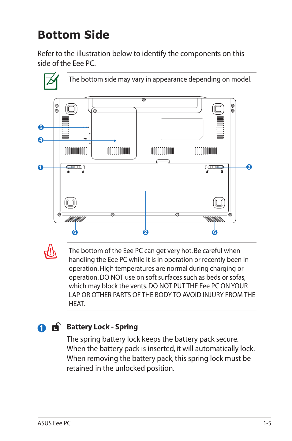 Bottom side, Bottom side -5 | Asus Eee PC S101/XP User Manual | Page 13 / 58