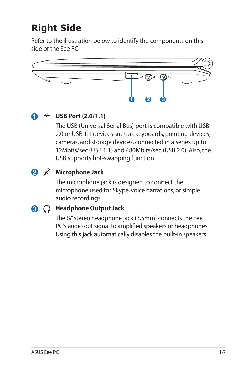 Right side, Right side -7 | Asus Eee PC S101/XP User Manual | Page 15 / 58