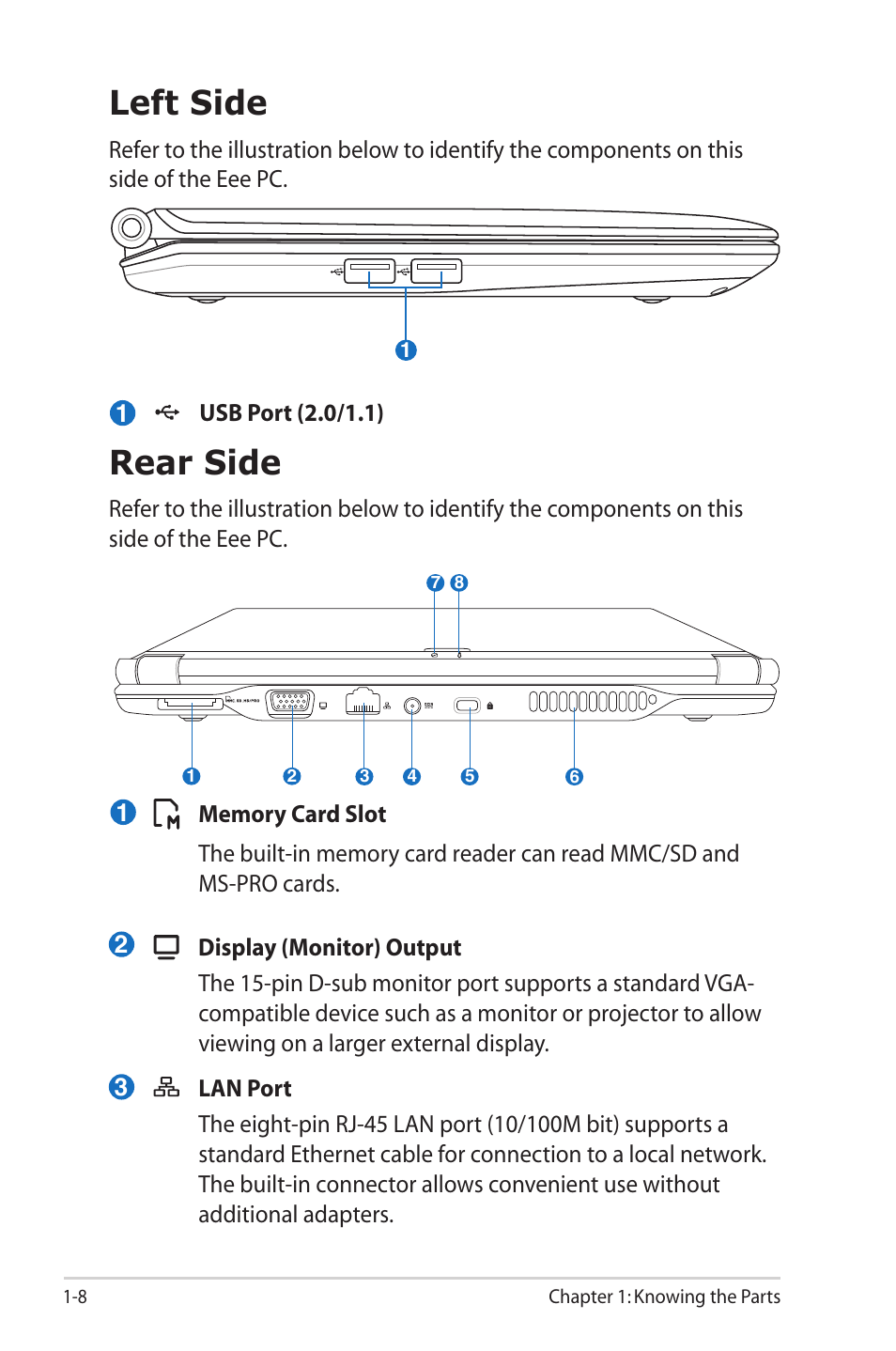 Left side, Rear side, Left side -8 rear side -8 | Asus Eee PC S101/XP User Manual | Page 16 / 58