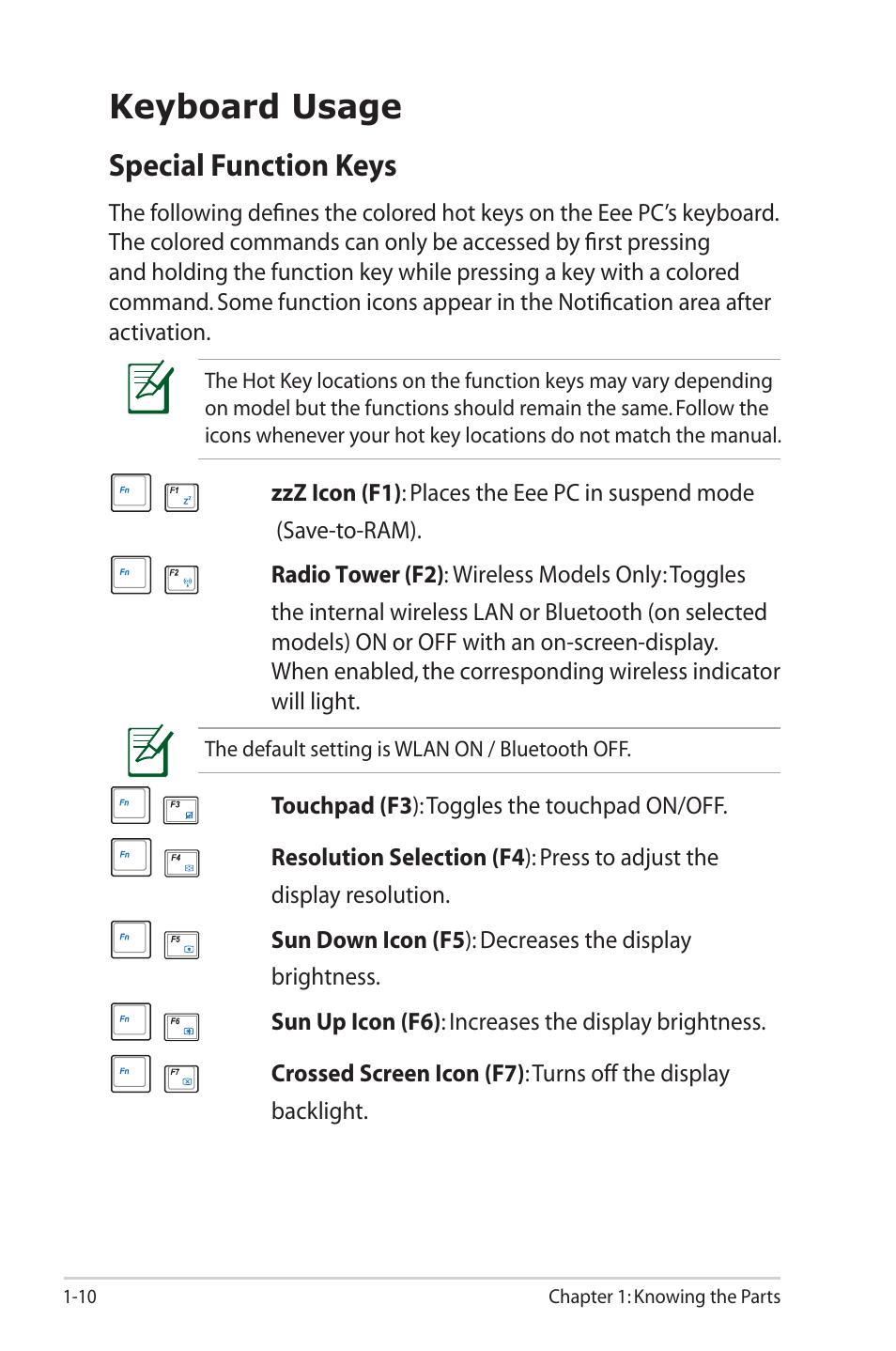 Keyboard usage, Keyboard usage -10, Special function keys | Asus Eee PC S101/XP User Manual | Page 18 / 58