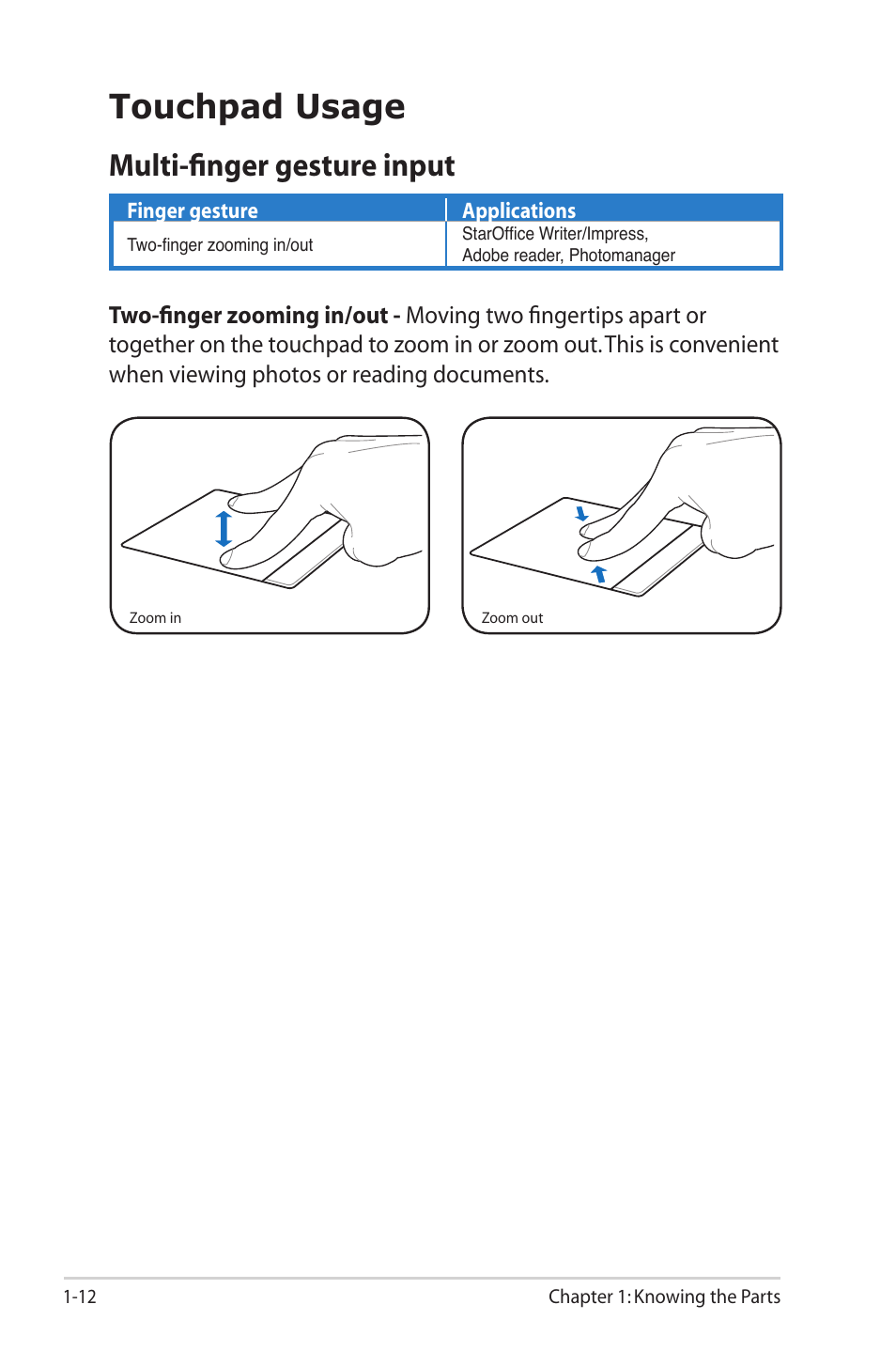 Touchpad usage, Touchpad usage -12, Multi-finger gesture input | Asus Eee PC S101/XP User Manual | Page 20 / 58