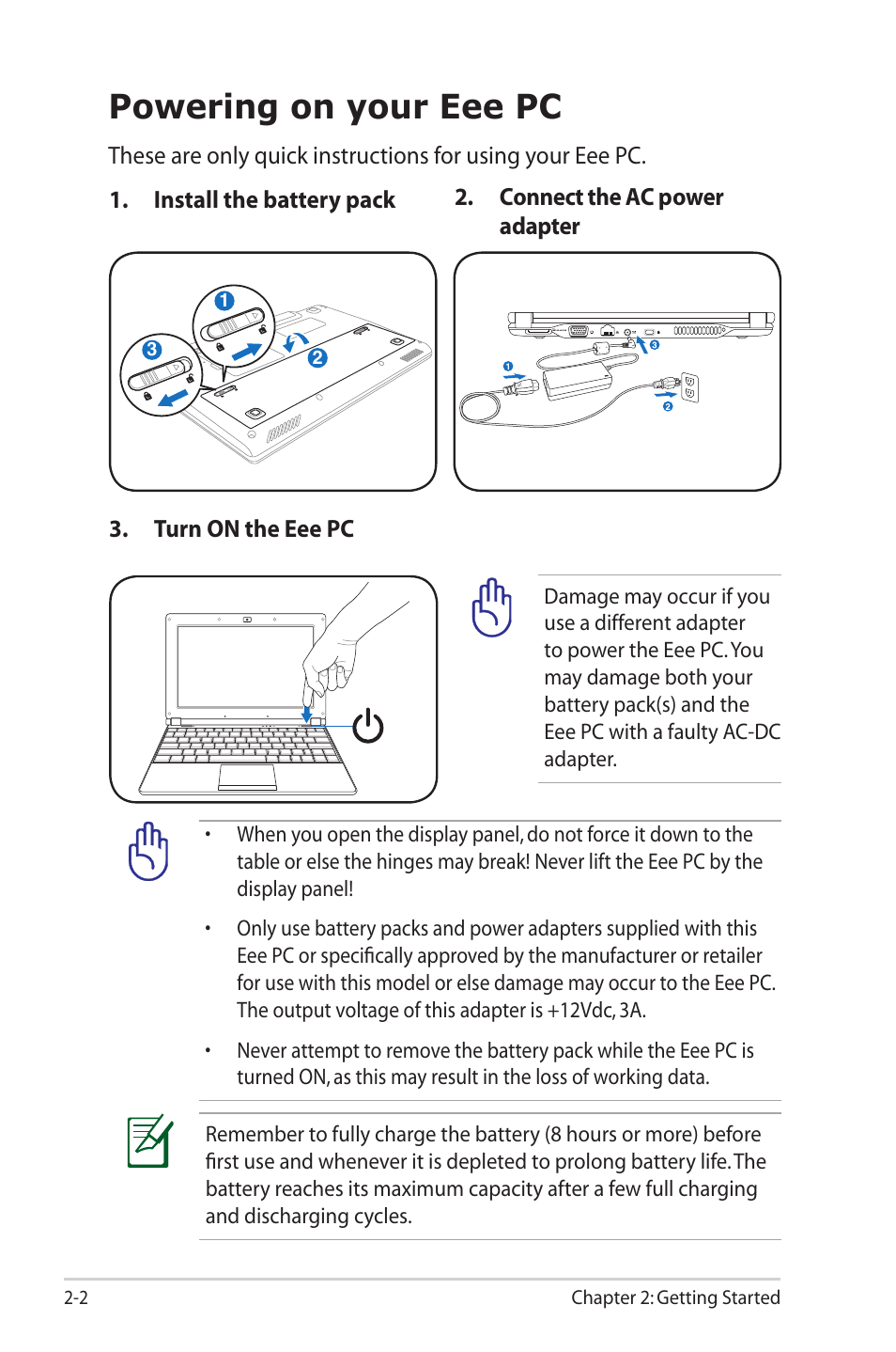 Powering on your eee pc, Powering on your eee pc -2 | Asus Eee PC S101/XP User Manual | Page 22 / 58