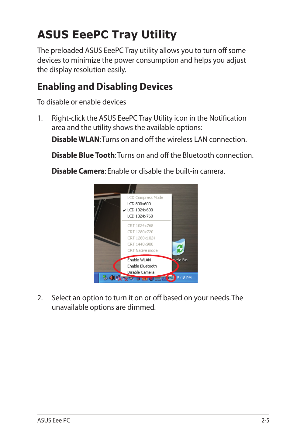 Asus eeepc tray utility, Enabling and disabling devices, Asus eeepc tray utility -5 | Enabling and disabling devices -5 | Asus Eee PC S101/XP User Manual | Page 25 / 58