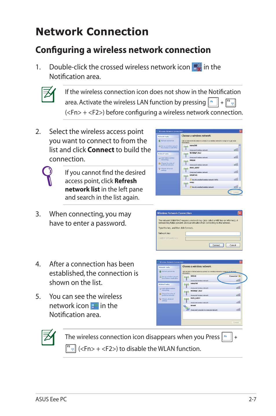 Network connection, Configuring a wireless network connection, Network connection -7 | Configuring a wireless network connection -7 | Asus Eee PC S101/XP User Manual | Page 27 / 58