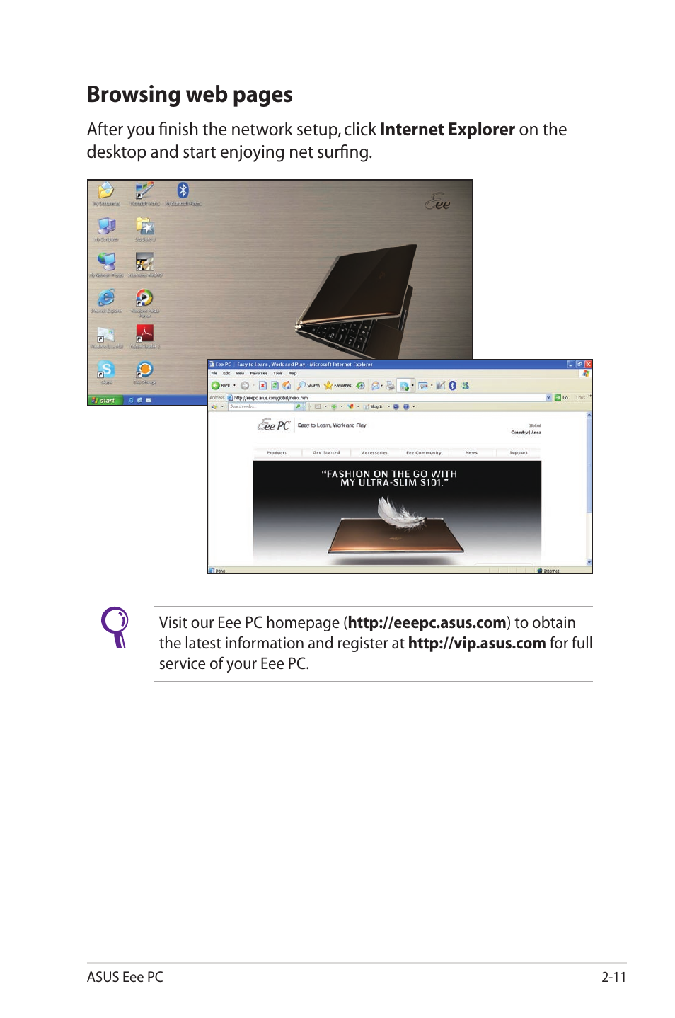 Browsing web pages | Asus Eee PC S101/XP User Manual | Page 31 / 58