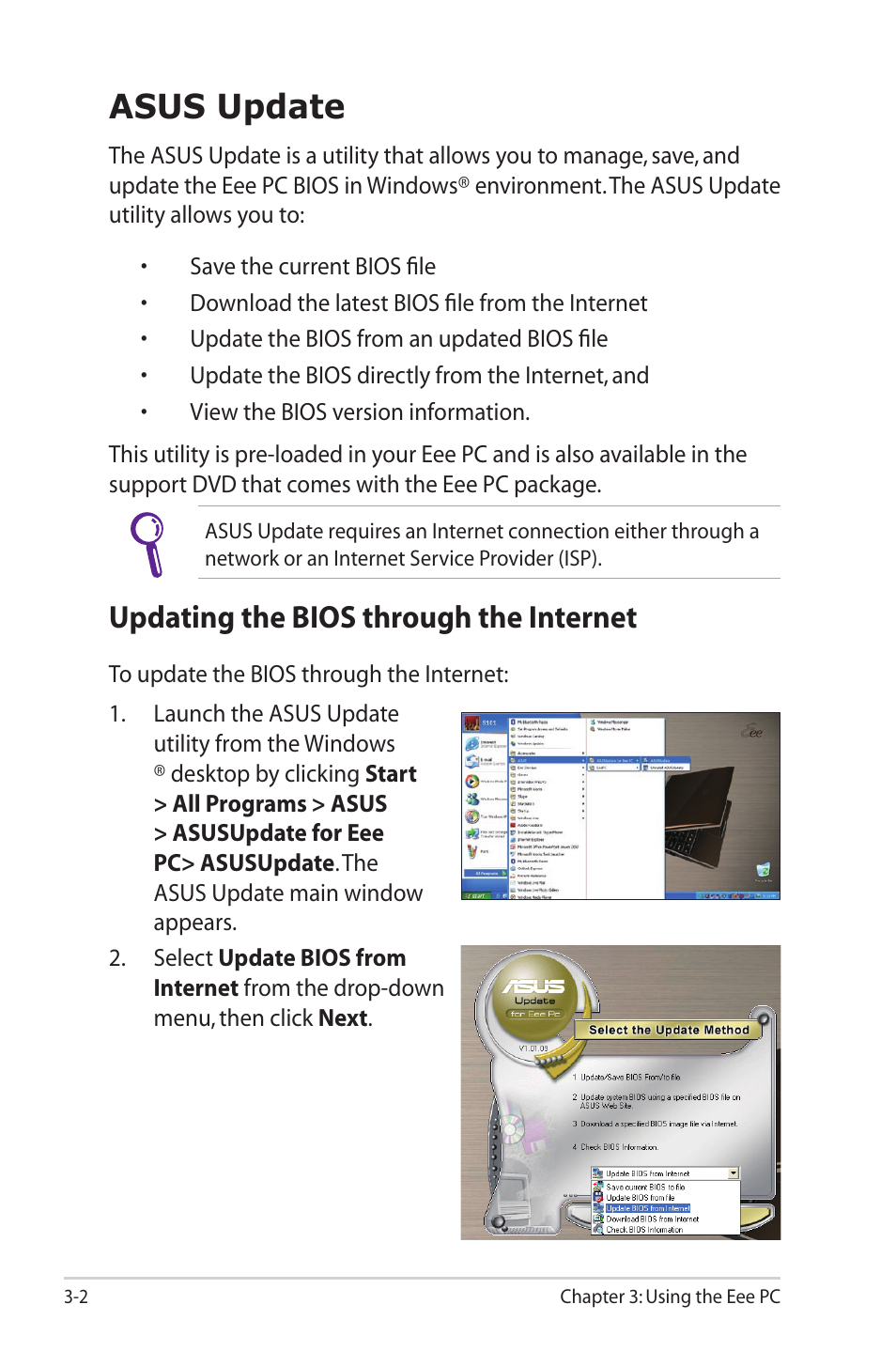 Asus update, Updating the bios through the internet, Asus update -2 | Updating the bios through the internet -2 | Asus Eee PC S101/XP User Manual | Page 34 / 58