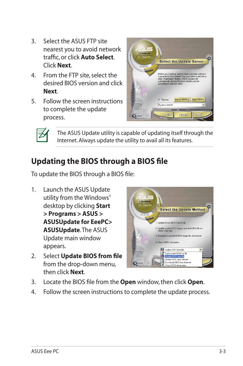 Updating the bios through a bios file, Updating the bios through a bios file -3 | Asus Eee PC S101/XP User Manual | Page 35 / 58