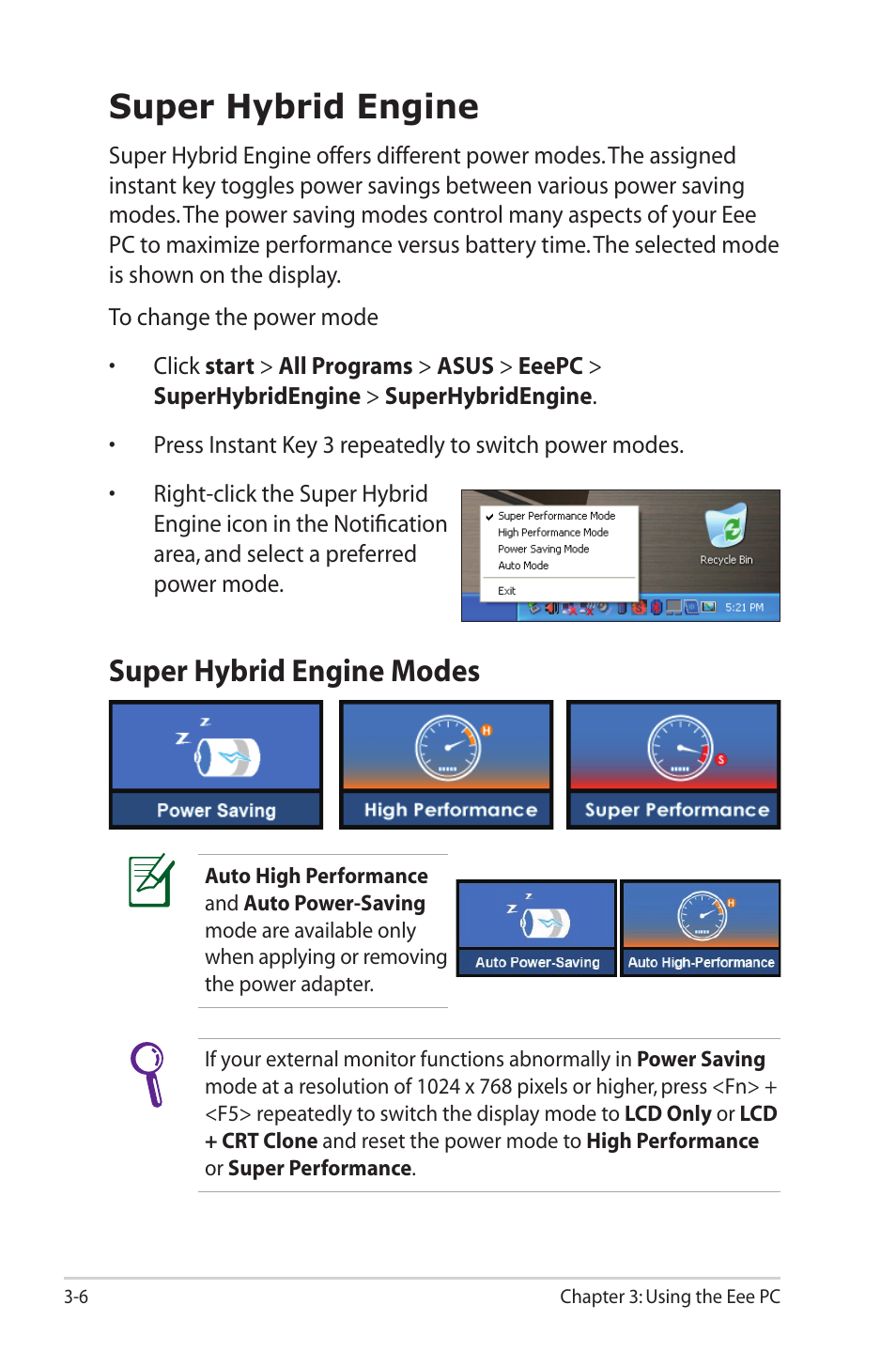 Super hybrid engine, Super hybrid engine modes, Super hybrid engine -6 | Super hybrid engine modes -6 | Asus Eee PC S101/XP User Manual | Page 38 / 58