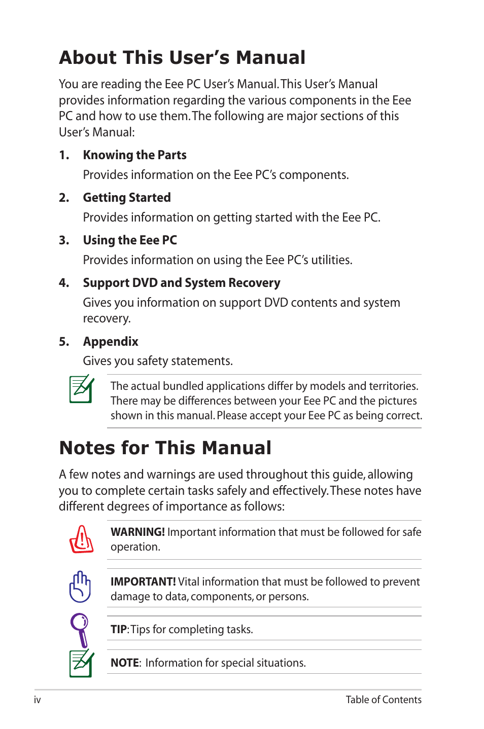 About this user’s manual, Notes for this manual | Asus Eee PC S101/XP User Manual | Page 4 / 58