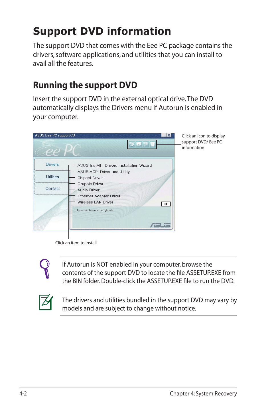 Support dvd information, Running the support dvd, Support dvd information -2 | Running the support dvd -2 | Asus Eee PC S101/XP User Manual | Page 42 / 58