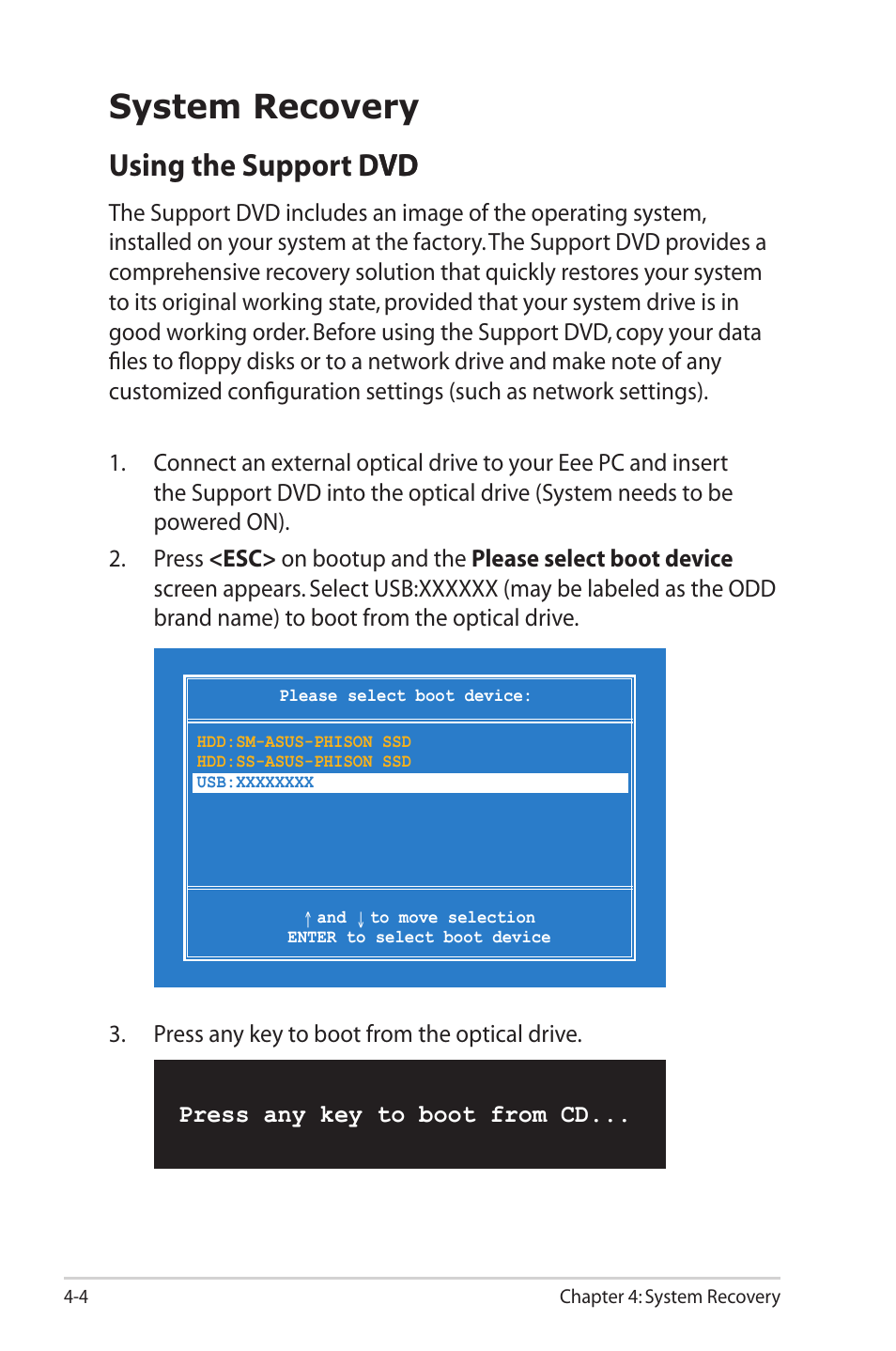 System recovery, System recovery -4, Using the support dvd vd | Asus Eee PC S101/XP User Manual | Page 44 / 58