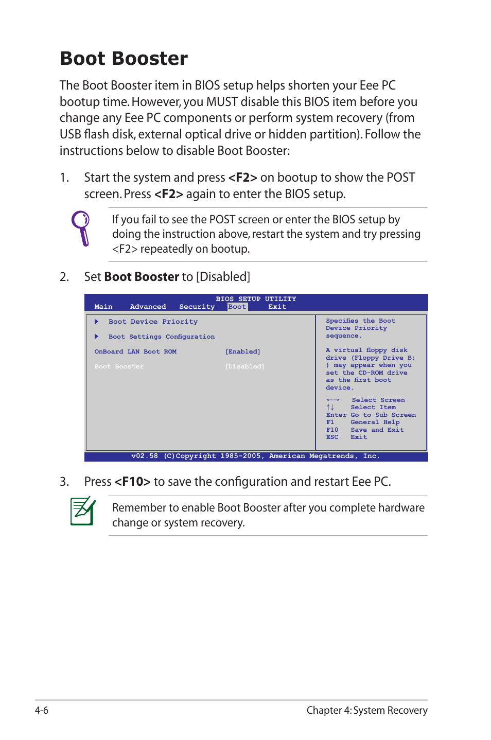 Boot booster, Boot booster -6, Chapter 4: system recovery 4-6 | Asus Eee PC S101/XP User Manual | Page 46 / 58