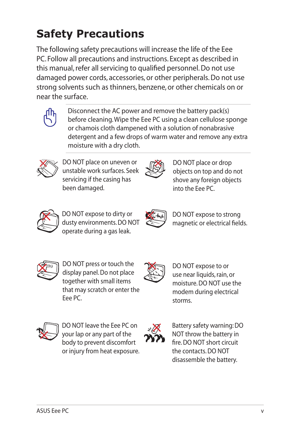 Safety precautions | Asus Eee PC S101/XP User Manual | Page 5 / 58