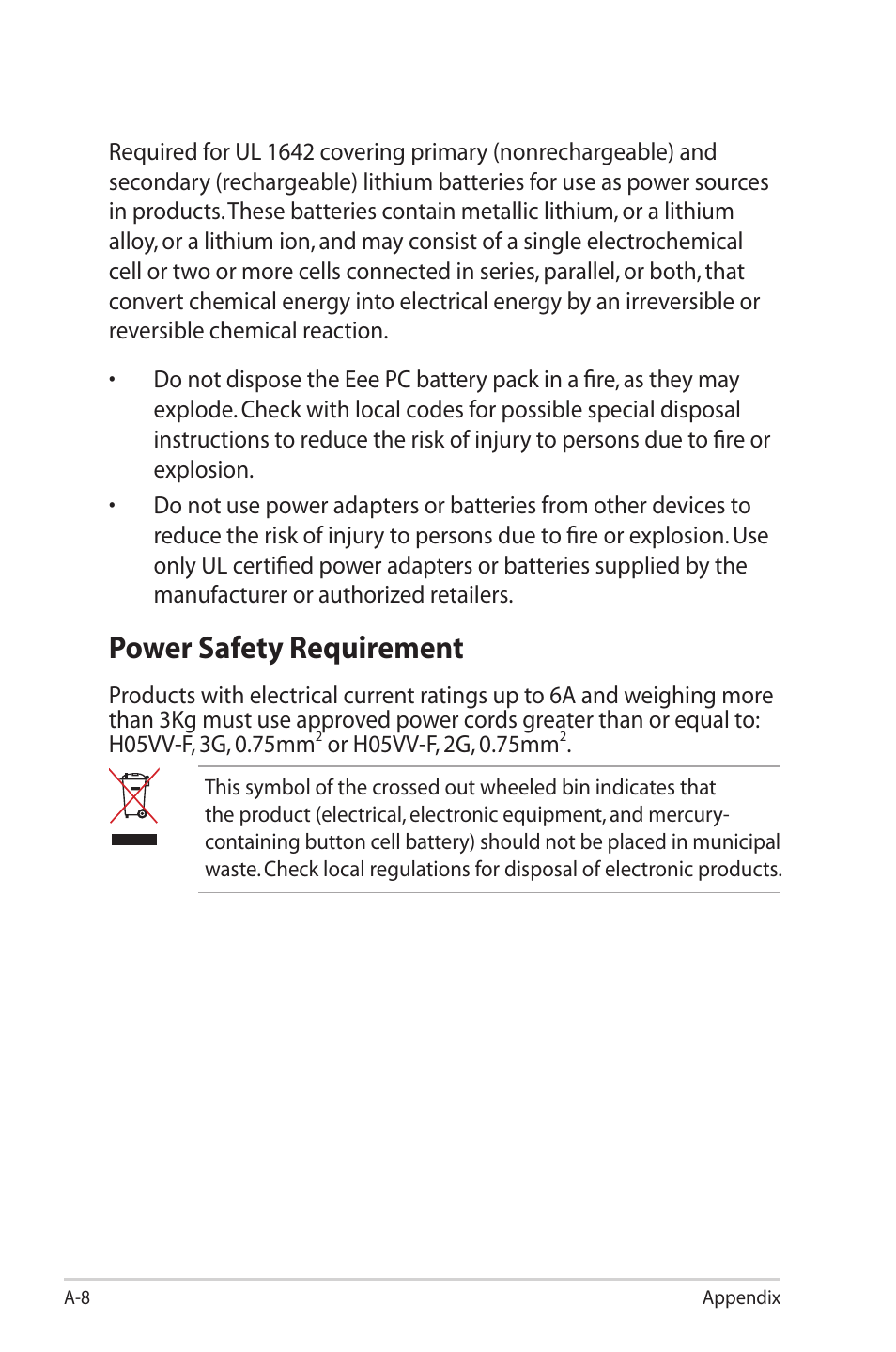 Power safety requirement | Asus Eee PC S101/XP User Manual | Page 54 / 58