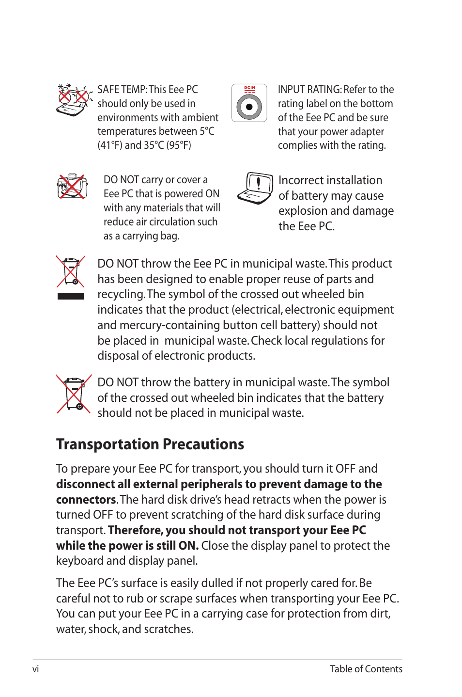 Transportation precautions | Asus Eee PC S101/XP User Manual | Page 6 / 58