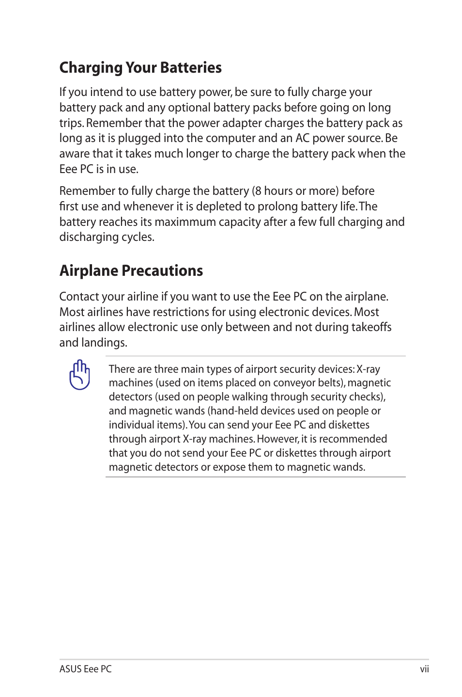 Charging your batteries, Airplane precautions | Asus Eee PC S101/XP User Manual | Page 7 / 58