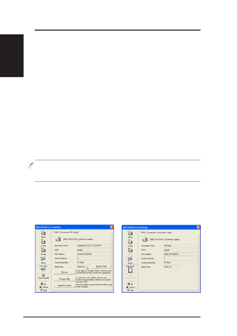 Wireless settings utility, Status - status tab | Asus WL-100gE User Manual | Page 10 / 22