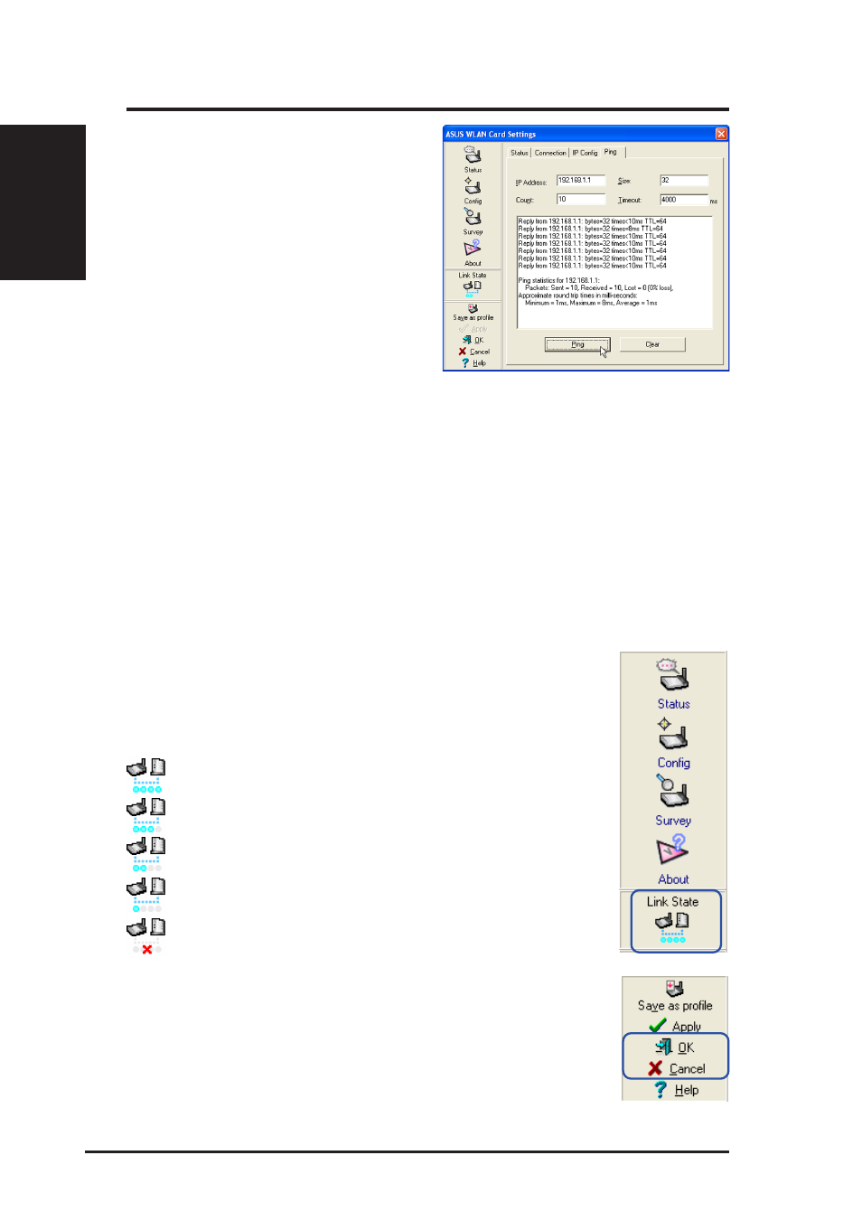 Link state, Exit wireless settings, Ping | Asus WL-100gE User Manual | Page 20 / 22