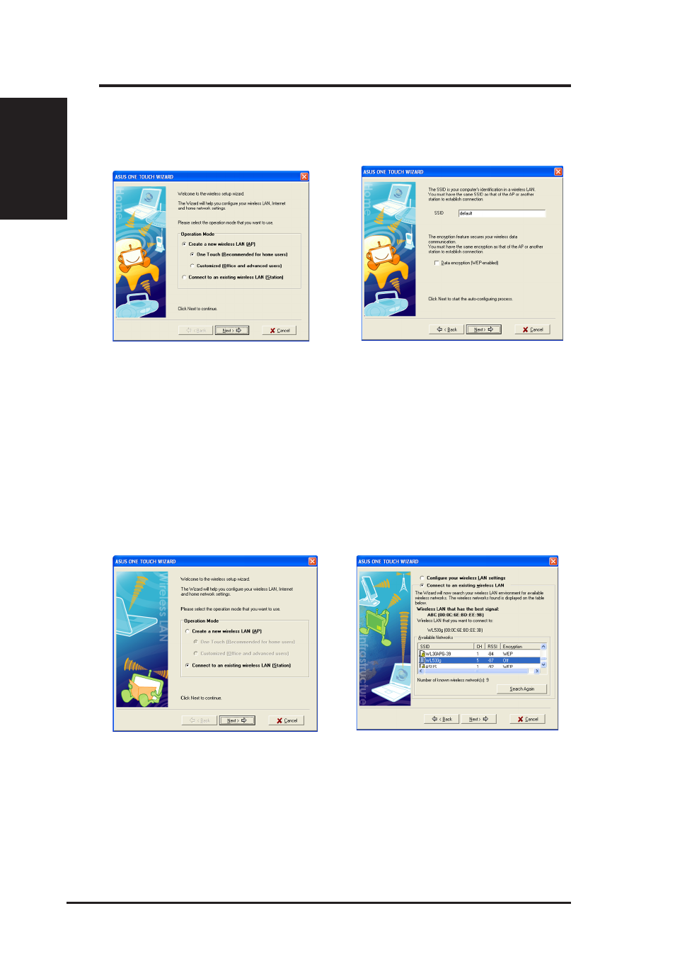 One touch wizard (new wireless lan), One touch wizard (existing lan), Quick start guide | Asus WL-100gE User Manual | Page 4 / 22