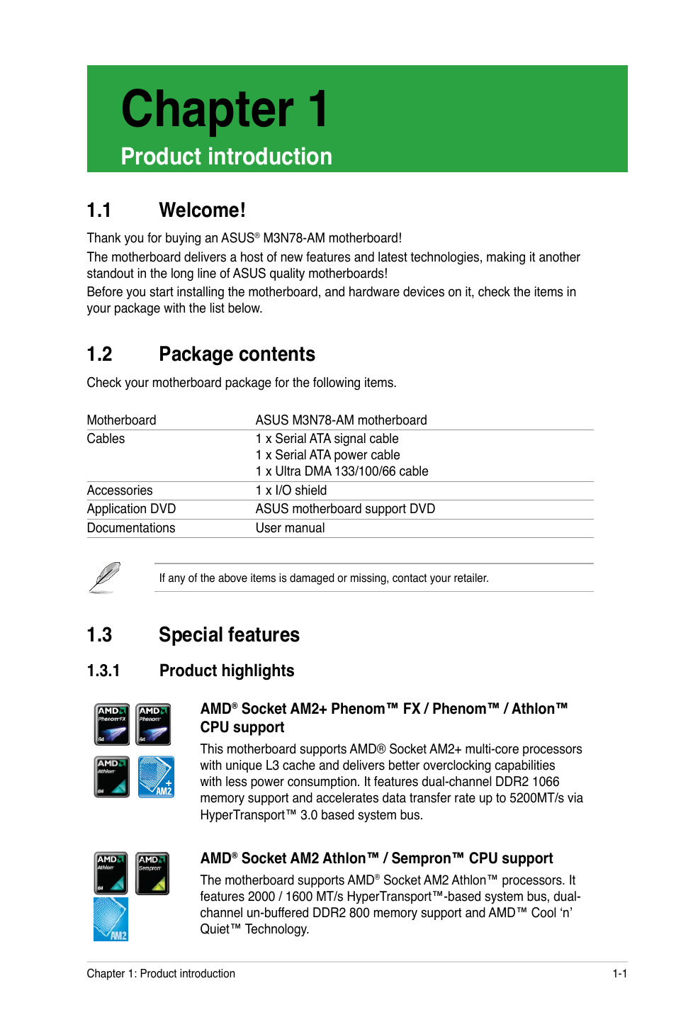 Chapter 1: product introduction, 1 welcome, 2 package contents | 3 special features, 1 product highlights, Product introduction, Welcome! -1, Package contents -1, Special features -1 1.3.1, Product highlights -1 | Asus M3N78-AM User Manual | Page 11 / 62