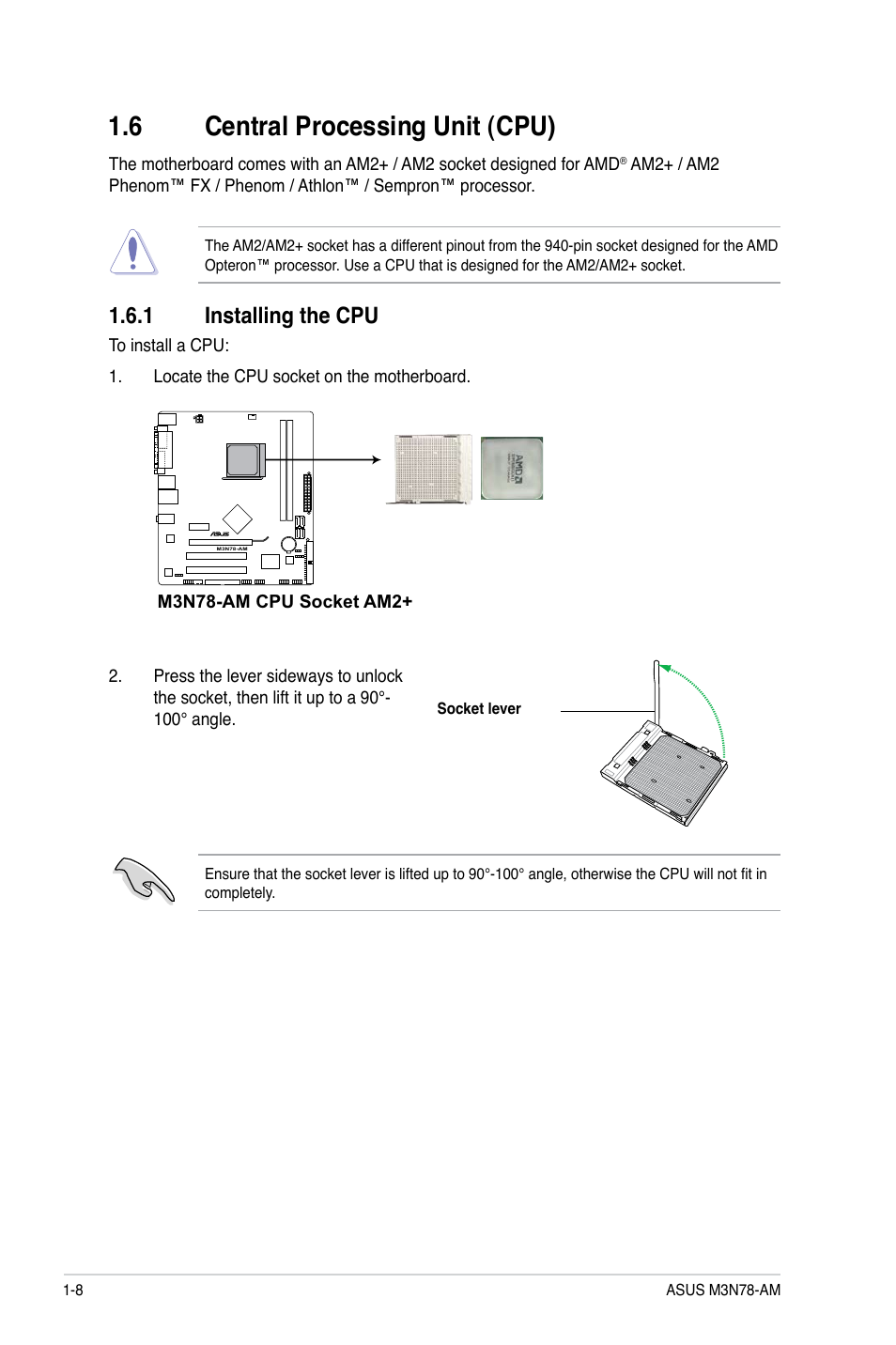 6 central processing unit (cpu), 1 installing the cpu, Central processing unit (cpu) -8 1.6.1 | Installing the cpu -8 | Asus M3N78-AM User Manual | Page 18 / 62