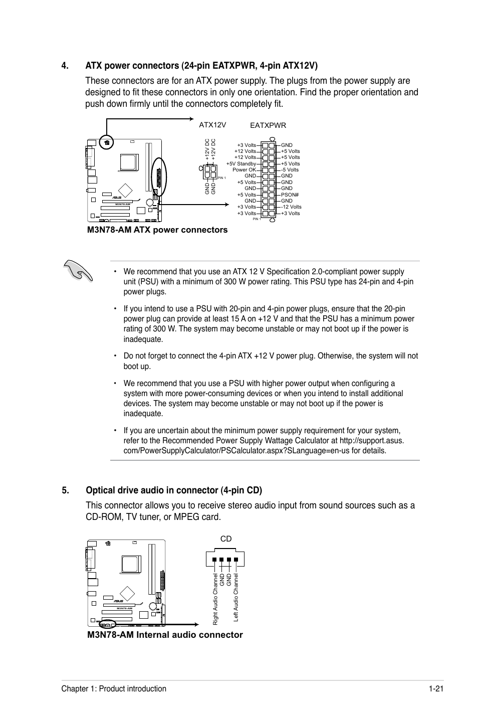 M3n78-am internal audio connector, M3n78-am atx power connectors | Asus M3N78-AM User Manual | Page 31 / 62