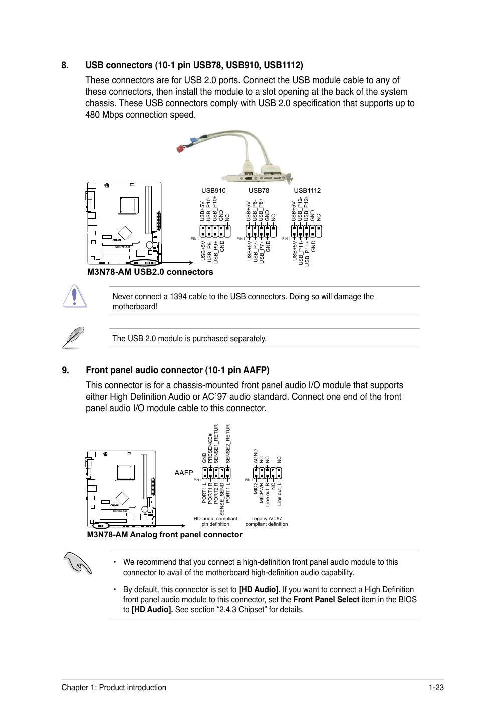 M3n78-am analog front panel connector, Chapter 1: product introduction 1-23 | Asus M3N78-AM User Manual | Page 33 / 62