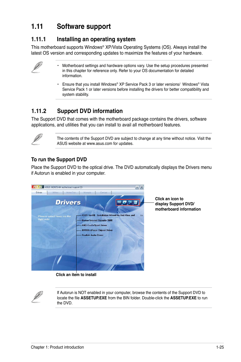 11 software support, 1 installing an operating system, 2 support dvd information | 11 software support -25 | Asus M3N78-AM User Manual | Page 35 / 62