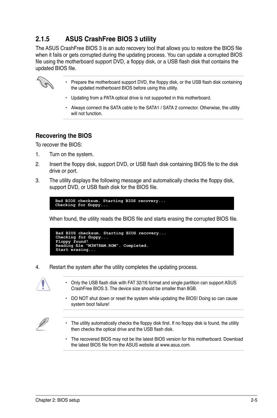 5 asus crashfree bios 3 utility, Asus crashfree bios 3 utility -5, Recovering the bios | Asus M3N78-AM User Manual | Page 41 / 62