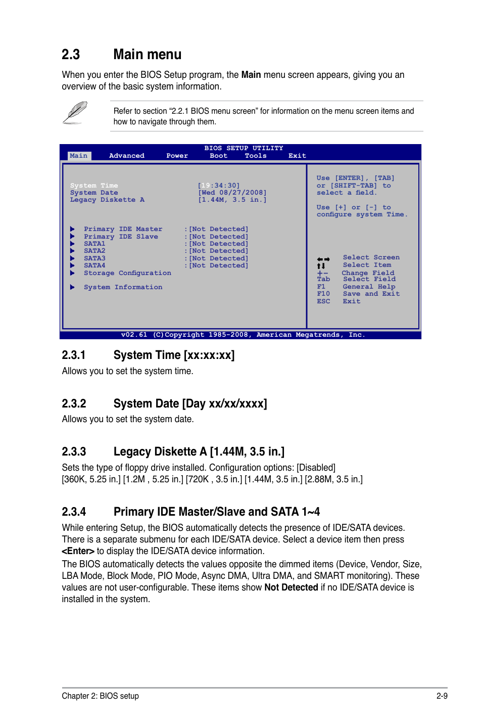 3 main menu, 1 system time, 2 system date | 3 legacy diskette a, 4 primary ide master/slave and sata 1~4, Main menu -9 2.3.1, System time -9, System date -9, Legacy diskette a -9, Primary ide master/slave and sata 1~4 -9 | Asus M3N78-AM User Manual | Page 45 / 62