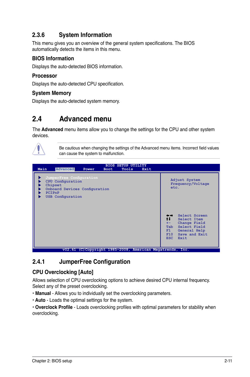 6 system information, 4 advanced menu, 1 jumperfree configuration | System information -11, Advanced menu -11 2.4.1, Jumperfree configuration -11, Cpu overclocking [auto, Bios information, Processor | Asus M3N78-AM User Manual | Page 47 / 62