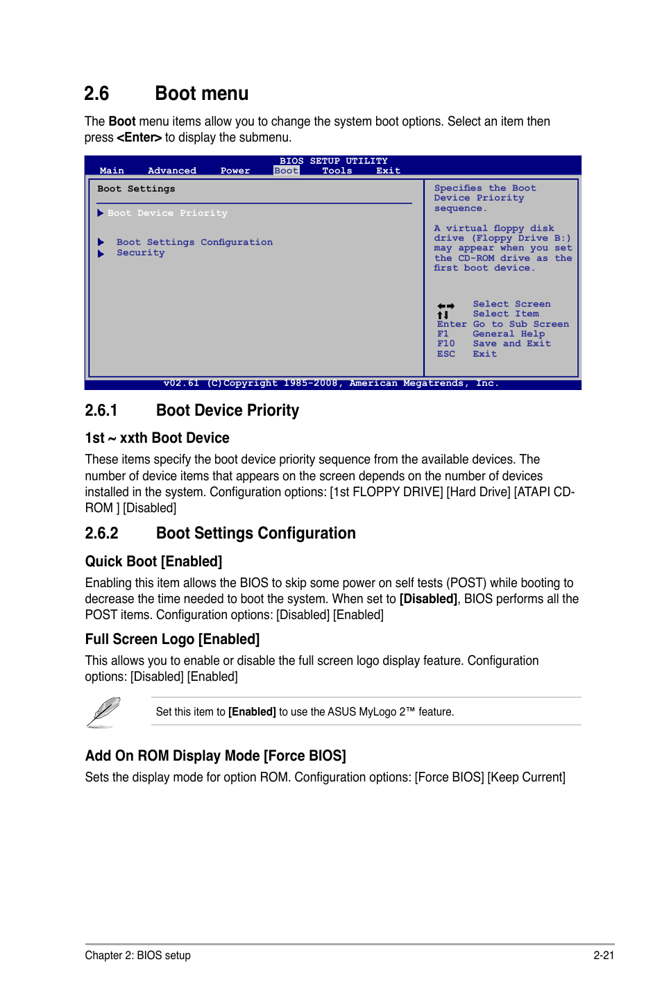 6 boot menu, 1 boot device priority, 2 boot settings configuration | Boot menu -21 2.6.1, Boot device priority -21, Boot settings configuration -21, 1st ~ xxth boot device, Add on rom display mode [force bios, Quick boot [enabled, Full screen logo [enabled | Asus M3N78-AM User Manual | Page 57 / 62