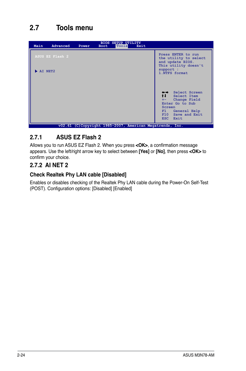 7 tools menu, 1 asus ez flash 2, Tools menu -24 2.7.1 | Asus ez flash 2 -24, 2 ai net 2, Check realtek phy lan cable [disabled | Asus M3N78-AM User Manual | Page 60 / 62