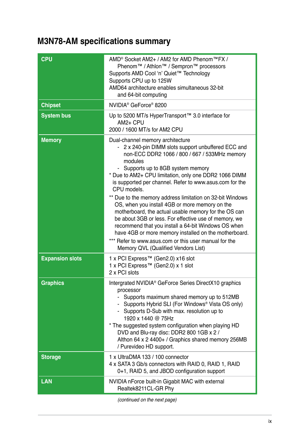 M3n78-am specifications summary | Asus M3N78-AM User Manual | Page 9 / 62