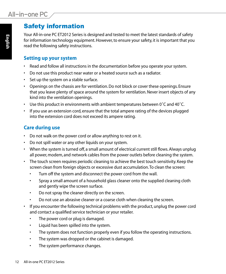 Safety information, Setting up your system, Care during use | Setting up your system care during use | Asus ET2012IUTS User Manual | Page 12 / 44