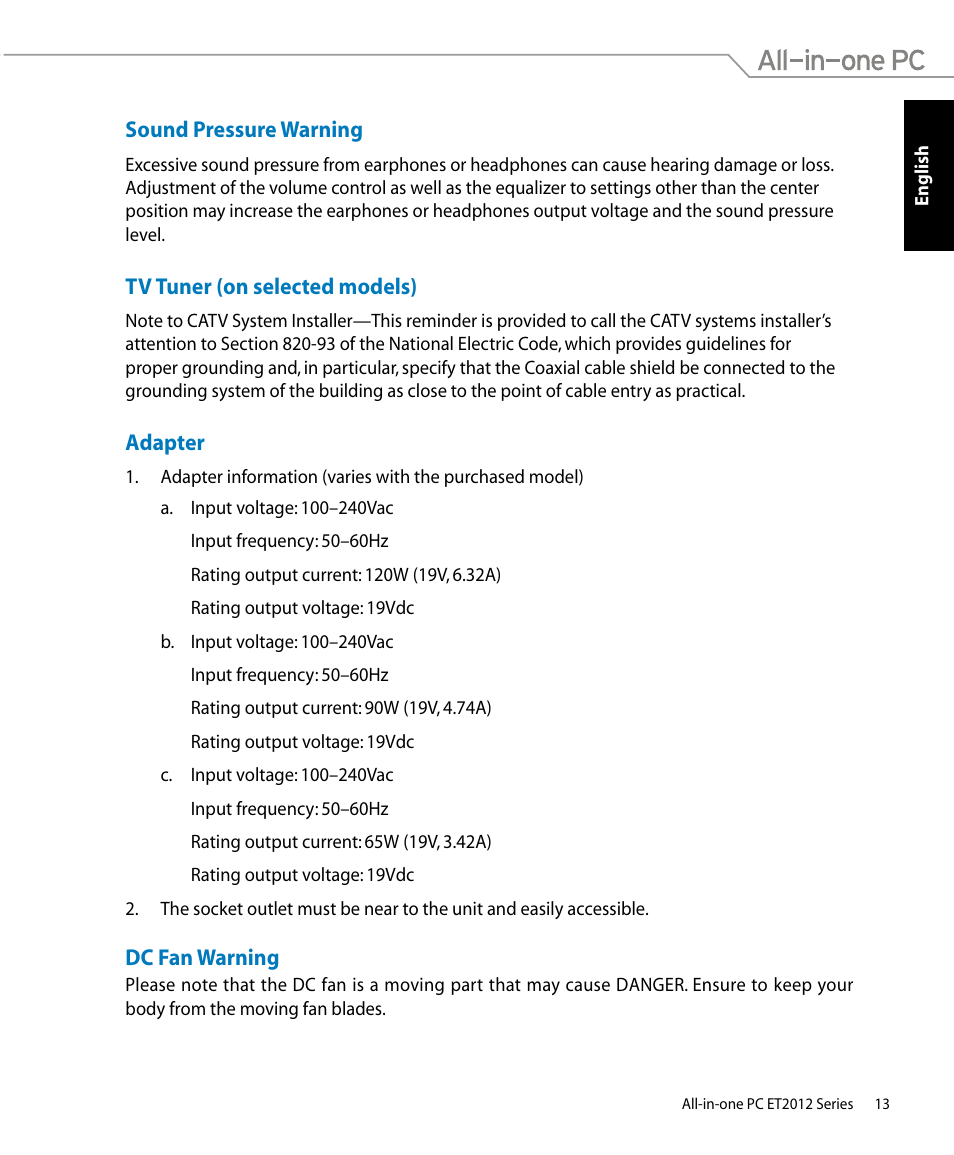 Sound pressure warning, Tv tuner (on selected models), Adapter | Dc fan warning | Asus ET2012IUTS User Manual | Page 13 / 44