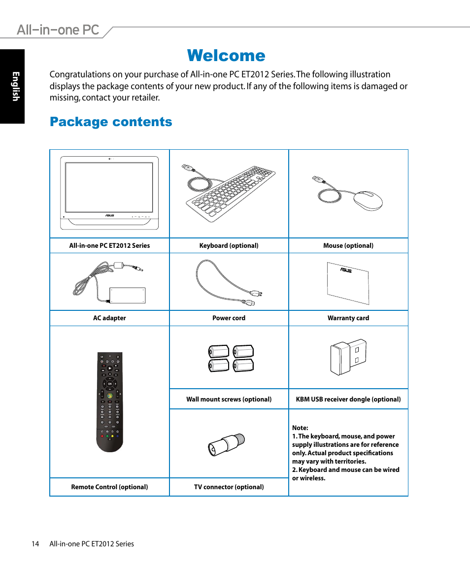 Welcome, Package contents | Asus ET2012IUTS User Manual | Page 14 / 44