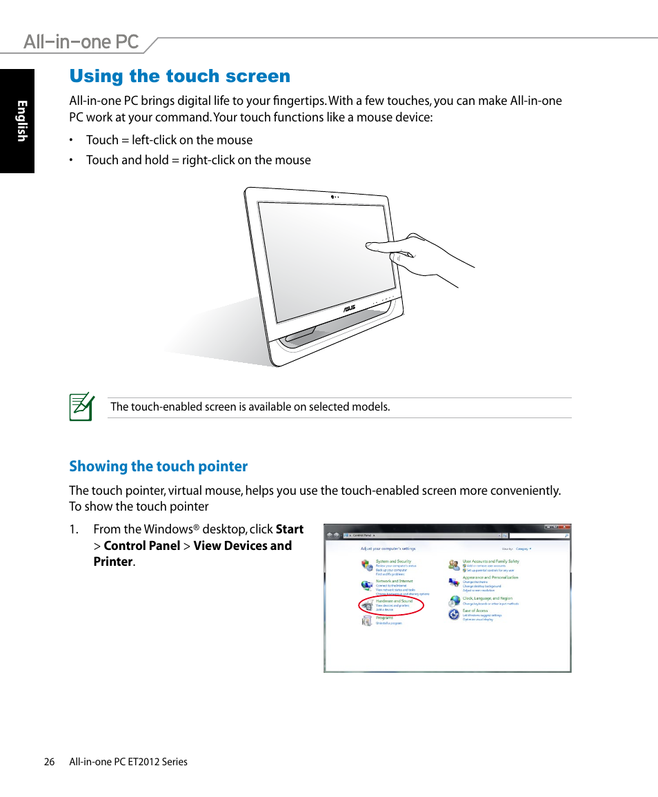 Using the touch screen, Showing the touch pointer | Asus ET2012IUTS User Manual | Page 26 / 44