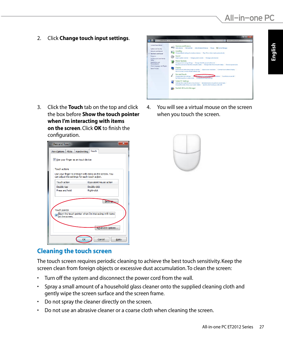 Cleaning the touch screen | Asus ET2012IUTS User Manual | Page 27 / 44