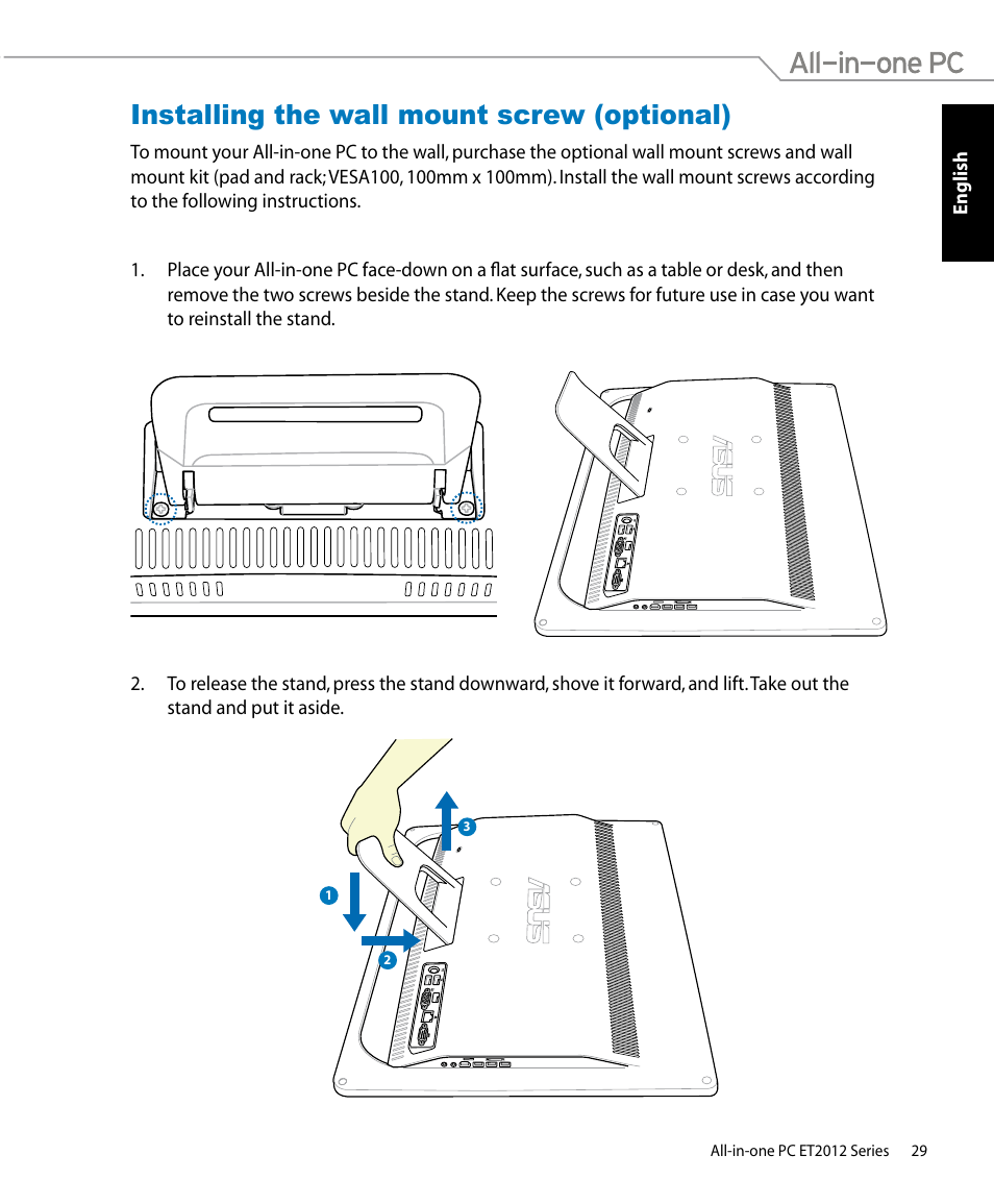 Installing the wall mount screw (optional) | Asus ET2012IUTS User Manual | Page 29 / 44